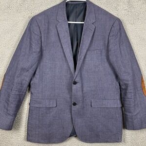 H&M Linen Blazer Sport Coat Mens 44R Blue Elbow Patches 2 Button Slim Fit Formal